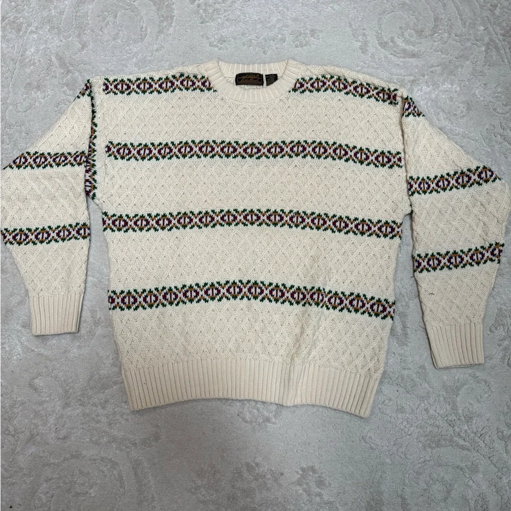 Vintage Eddie Bauer Nordic Fair Isle Sweater‎ Mens L XL Cream Cotton Fisherman - Picture 2 of 6